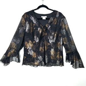 Boho Whimsigoth Metallic Flower Witchy V-Neck Ruffle Neck Flutter Sleeve Blouse
